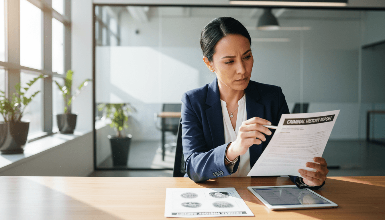 Businessperson reviewing background check documents in a modern office