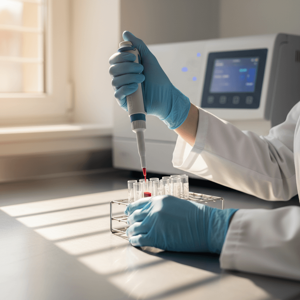 Medical laboratory technician analyzing drug test results on computer in bright professional clinic setting