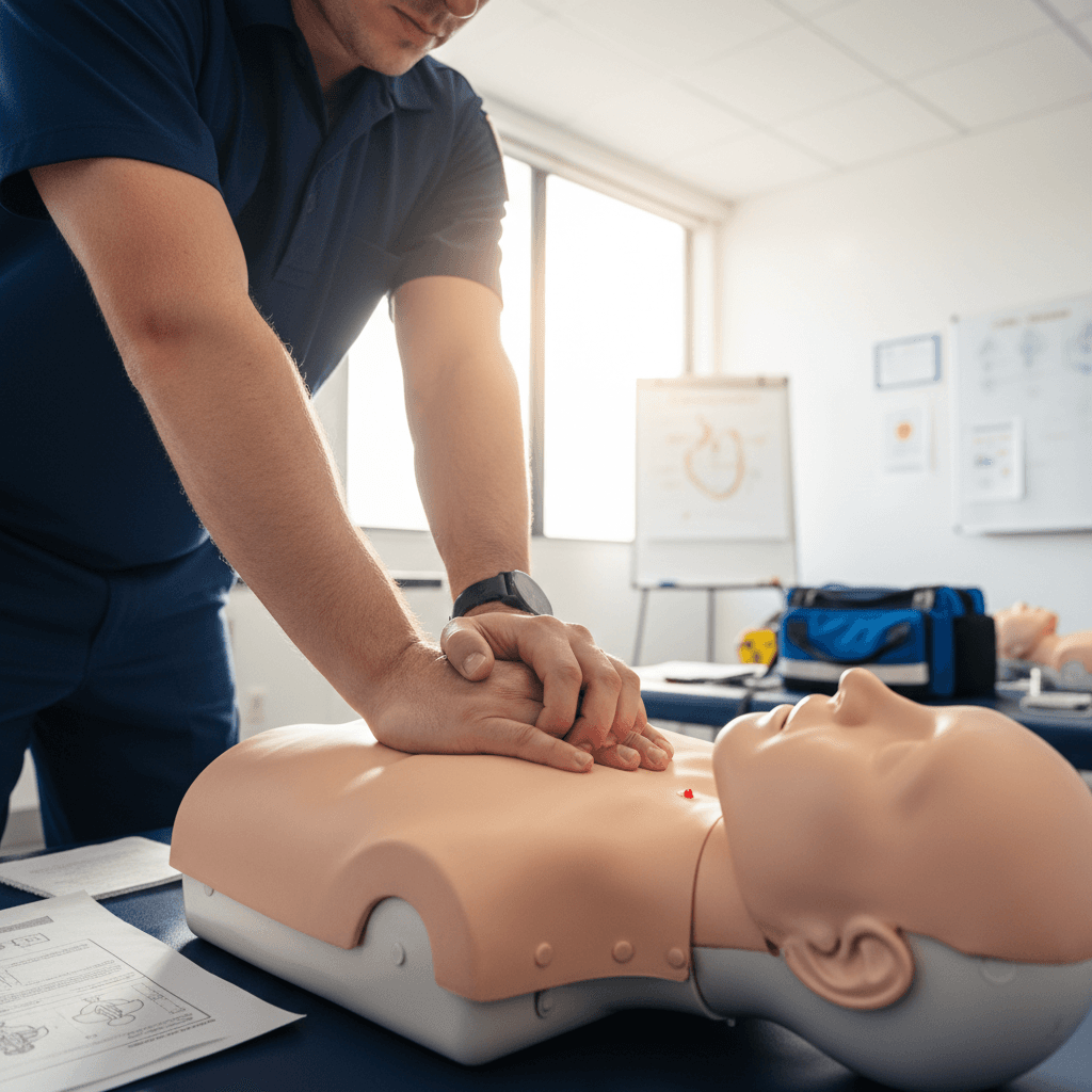 Paramedic performing chest compressions on CPR training mannequin during certification course with natural window light